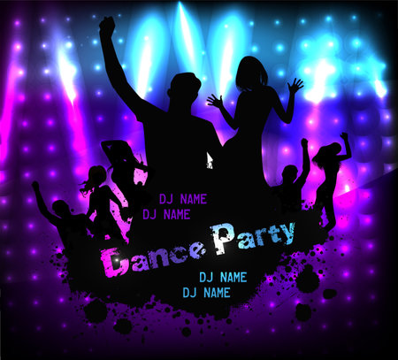 Poster template for disco party with silhouettes of dancing people and grunge elementsのイラスト素材