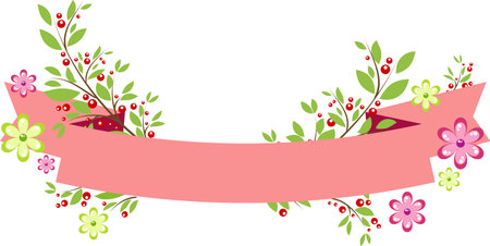 Background with red ribbon and floral elements in simple styleのイラスト素材