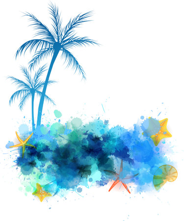 Summer background with starfishes, palm trees and seashells on abstract watercolor splashのイラスト素材