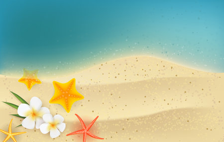 Horizontal summer backgound - sea and sand with tropical flowers and starfishesのイラスト素材