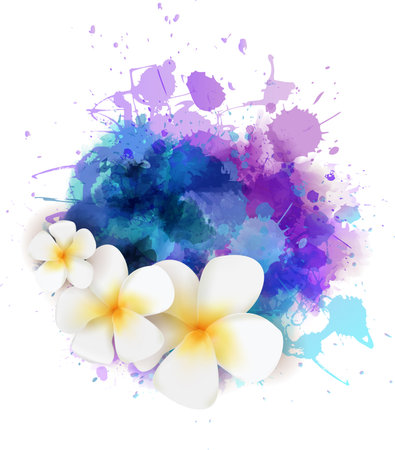 Abstract summer background with plumeria flowers on colorful watercolor splashのイラスト素材