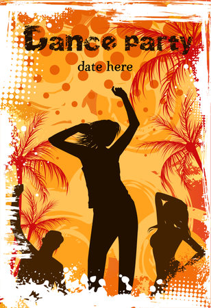 Orange grunge palm background with dancing people - party poster templateのイラスト素材