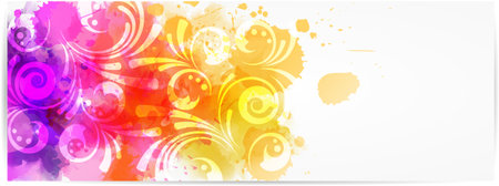 Horizontal banner with abstract color splashes and modern swirly floral designのイラスト素材