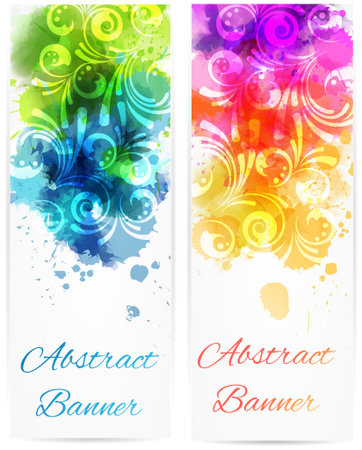 Set of two vertical banners with abstract color splashes and modern swirly floral designのイラスト素材
