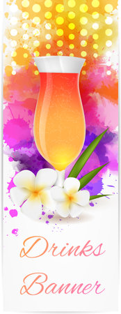 Vertical banner with cocktail glass and decoration of plumeria flowers - relaxation vacation backgroundのイラスト素材