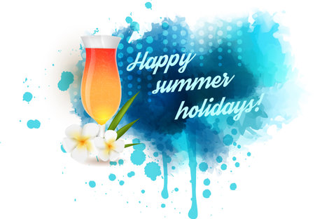 Summer background with cocktail glass on abstract watercolor splashのイラスト素材