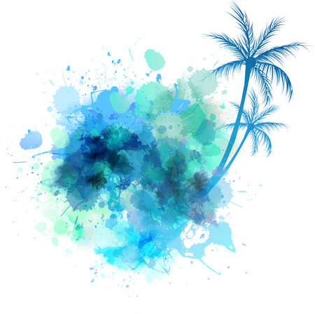 Watercolor imitation splash with palm treesのイラスト素材