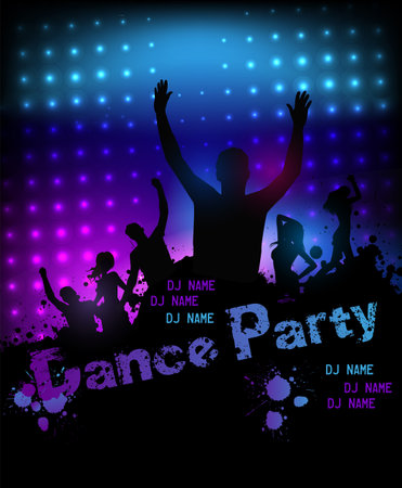 Poster template for disco party with silhouettes of dancing people and grunge elementsのイラスト素材