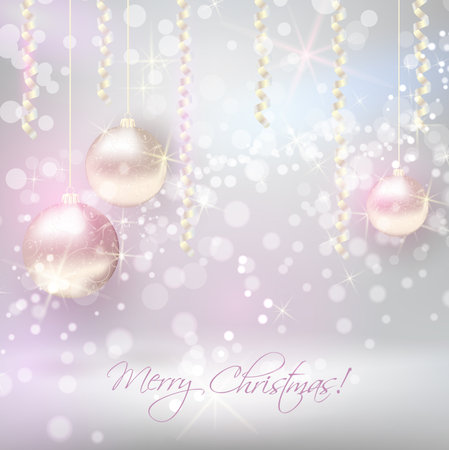 Christmas background with ribbons and shiny christmas baublesのイラスト素材
