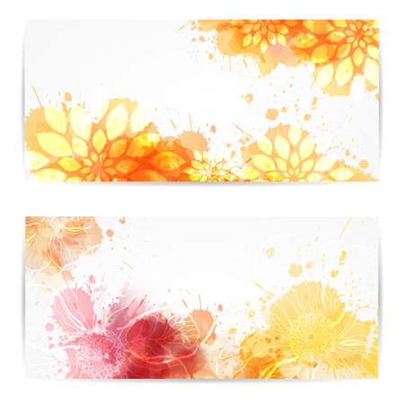 Two banners with abstract florals on watercolor splashesのイラスト素材