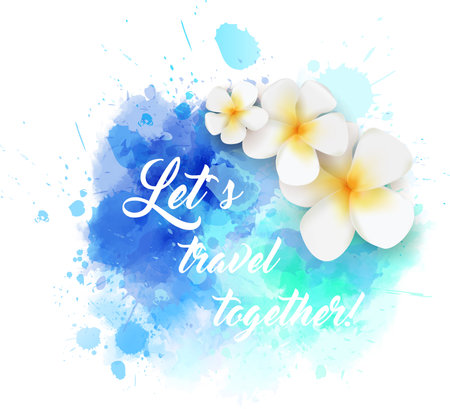 Abstract travel background with plumeria flowers on colorful watercolor splashのイラスト素材