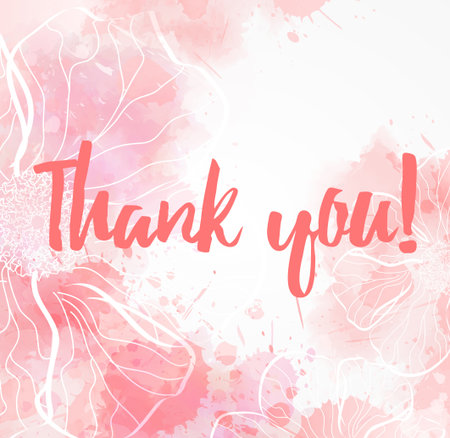Background with watercolor imitation and abstract florals. Thank you message. Pink colored.のイラスト素材