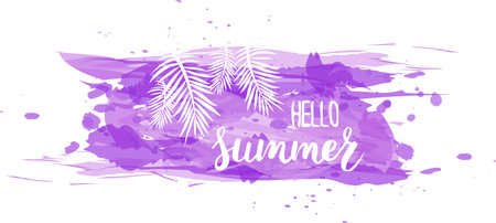 Travel grunge banner with palm leaves and typographic message "Hello summer" in purple colorのイラスト素材