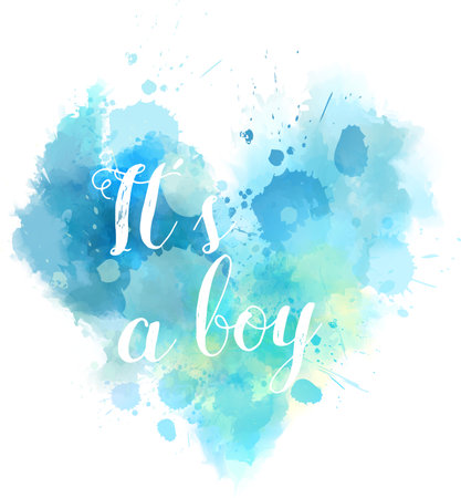 Baby gender reveal concept illustration. Watercolor imitation heart.  It'a a boy. Blue colored.のイラスト素材