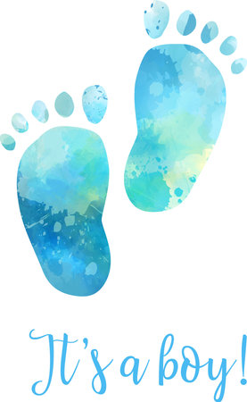 Baby gender reveal concept illustration. Watercolor footprints. It's a boy. Blue colored.のイラスト素材