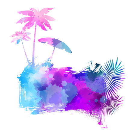 Abstract painted splash shape with silhouettes. Travel concept - palm trees, sun umbrella. Multicolored.のイラスト素材