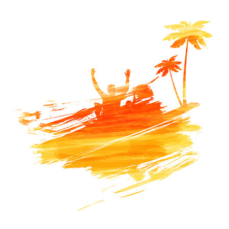 Abstract painted splash shape with silhouettes. Travel concept - palm trees, partying people.のイラスト素材