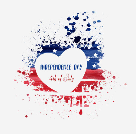 USA Independence day background. Happy 4th of July. Vector abstract grunge flag in heart shape with text. Template for banner, greeting card, invitation, poster, flyer, etc.のイラスト素材