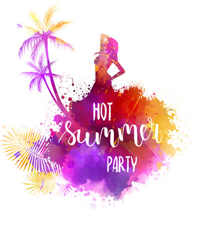 Abstract painted splash shape with silhouettes. Travel concept - partying girl, palm trees. Hot summer party text. Multicolored. Vector illustration.のイラスト素材