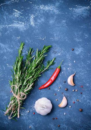 Rosemary branches tied with string on concrete dark blue table background. With pepper blend, chili pepper and garlic. Top view, flatlay. Cooking concept.の写真素材