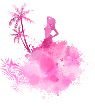 Abstract painted splash shape with silhouettes of travel concept includes partying girl, palm trees in pink colored illustration.のイラスト素材