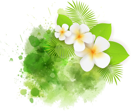 Abstract tropical background with plumeria flowers and palm leaves on colorful watercolor splash. Green colored.のイラスト素材