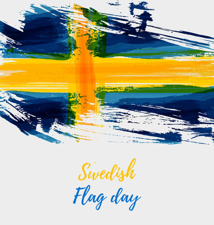 Holiday background with grunge watercolor imitation flag of Sweden. Sweden national day, 6 June. Flag day. Template for poster, banner, flyer, invitation, etc.のイラスト素材
