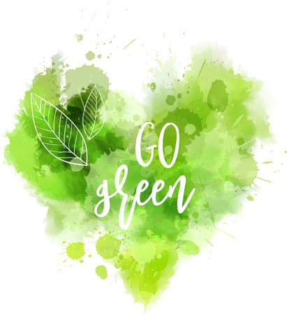 Abstract watercolor imitation grunge heart in green color. Go green concept motivational message. のイラスト素材