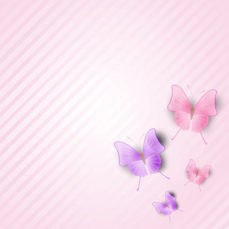 Pink elegant striped background with butterflies. Template for greeting card, invitation, promotional banner, poster, etc.のイラスト素材
