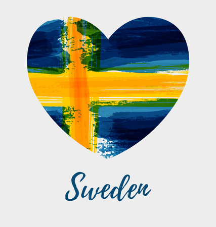 Grunge watercolor imitation flag of Sweden in heart shapeのイラスト素材