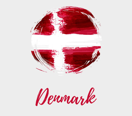 Holiday background with grunge watercolor imitation flag of Denmark in round grunge shape. Denmark Constitution day national holiday. Template for poster, banner, flyer, invitation, etc.のイラスト素材