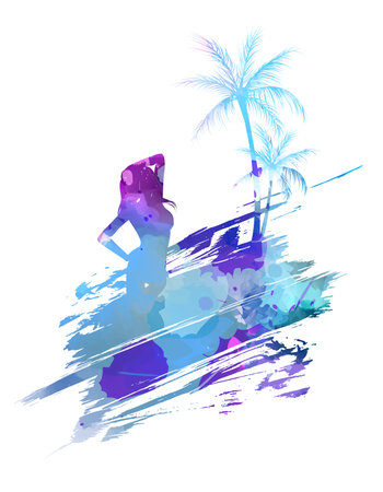 Abstract painted splash shape with silhouettes. Travel concept - palm trees, partying girl. Multicolored watercolor imitation vector illustration.のイラスト素材