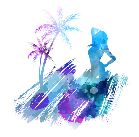 Abstract painted splash shape with silhouettes. Travel concept - palm trees, partying girl. Multicolored watercolor imitation vector illustration.のイラスト素材