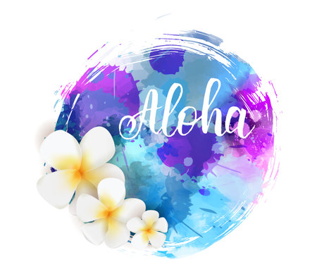 Purple and blue colored watercolor grunge round splash with frangipani tropical flowers and calligraphy message "Aloha". Handwritten modern calligraphy text.のイラスト素材