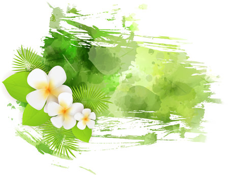 Abstract tropical grunge background with plumeria flowers and palm leaves on colorful  splash. Green colored.のイラスト素材