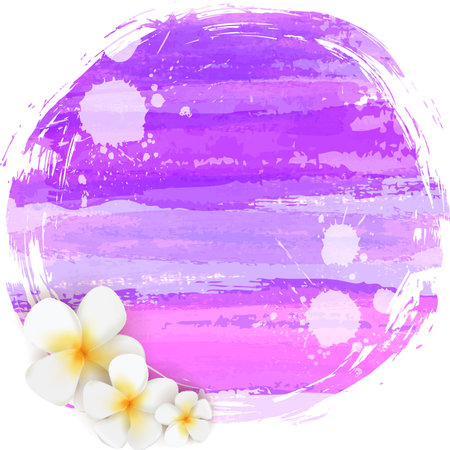 Abstract tropical grunge background with plumeria flowers and palm leaves on colorful watercolor splash.  Grunge round shape.のイラスト素材
