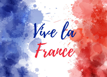 Vive la France background with waterccolored grunge design. Independence day concept background. Abstract watercolor splashes in France flag colors.のイラスト素材