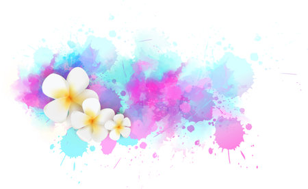 Abstract watercolor splashes line and tropical frangipani flowers. Travel concept background. Blue and pink colored.のイラスト素材