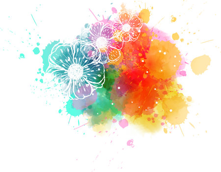 Painted stroked flowers on watercolor colorful splash background.のイラスト素材