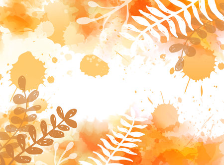 Abstract watercolor imitation splashes background with botanical floral leaves. Orange colored.のイラスト素材