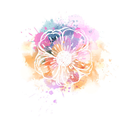 Multicolored watercolor imitation splash blot in yellow and pink colors. With abstract trendy flower.のイラスト素材