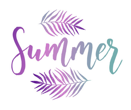 Summer handwritten modern calligraphy with decorative abstract palm leavesのイラスト素材