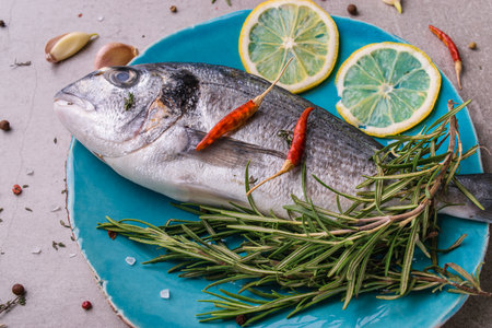 Fresh dorado fish. Dorado and cooking ingredients - rosemary, spices, lemon, garlic, thyme, herbs. Cooking concept. Blue plate on light stone background.の写真素材