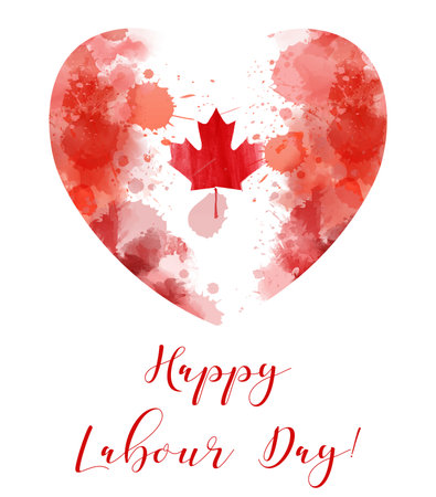 Canada Happy Labour day. Grunge watercolor Canadian flag in heart shape. Background template for national holiday.のイラスト素材