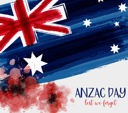 Anzac Day background with grunge watercolor Australia flag and two red poppy flowers. Remembrance symbol. Lest we forget.のイラスト素材