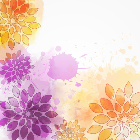 Abstract background with watercolor colorful splashes and flowers. Purple and orange colored. Template for your designs, such as wedding invitation, greeting card, posters, etc.のイラスト素材