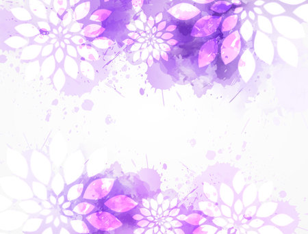 Abstract background with watercolor colorful splashes and flowers. Purple colored. Template for your designs, such as wedding invitation, greeting card, posters, etc.のイラスト素材