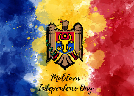 Moldova Independence day. Grunge abstract watercolor painted flag of Moldova. Template for national holiday background, banner, poster,  invitation, etc.のイラスト素材
