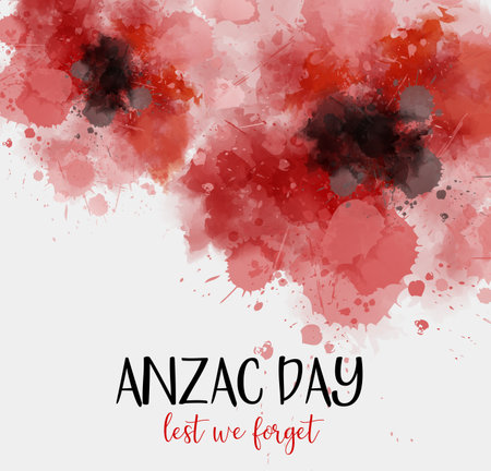 Remembrance day symbol. Anzac Day. Lest we forget lettering. Red watercolor poppies.のイラスト素材