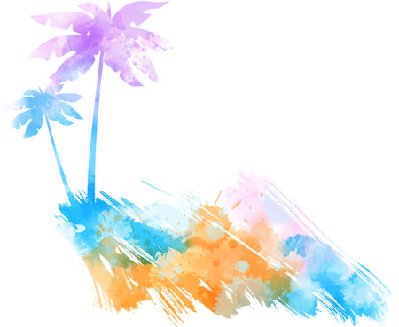 Abstract painted grunge brushed background with palm tree silhouettes. Travel concept. Multicolored.のイラスト素材